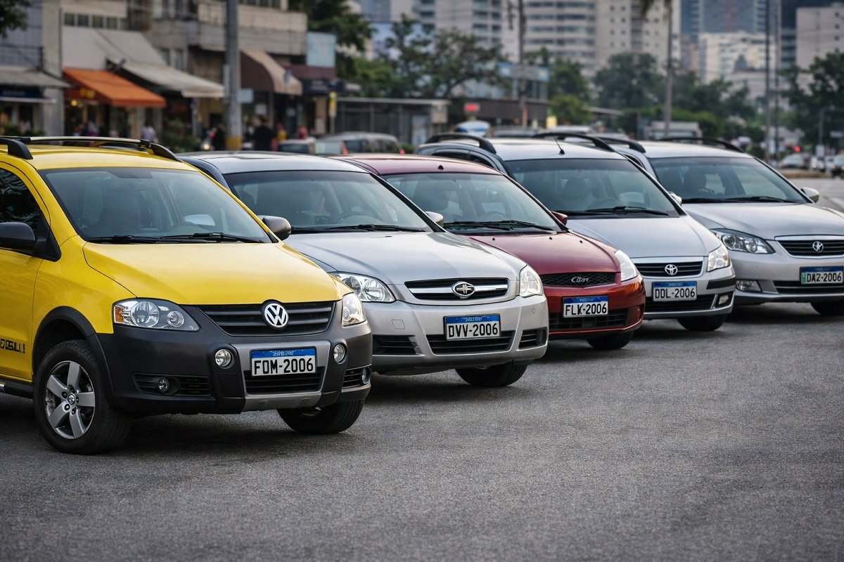 Carros usados populares alinhados em rua urbana, representando modelos isentos de IPVA em 2026